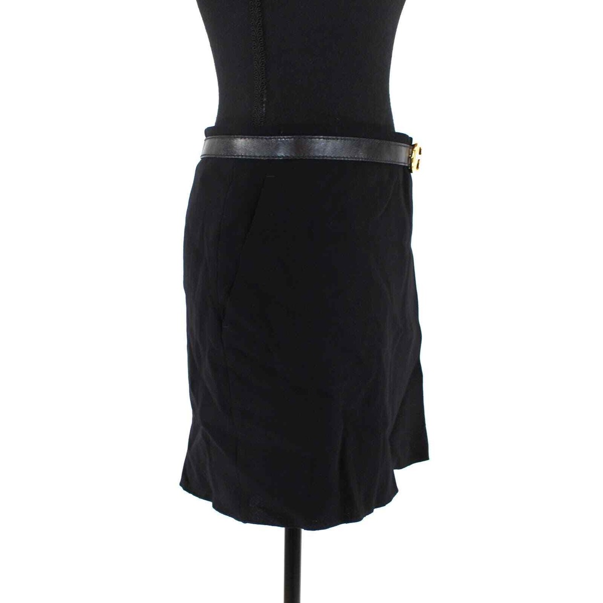 GUCCI Black Wool Wrap Gold GG Logo Buckle A-Line Mini Skirt