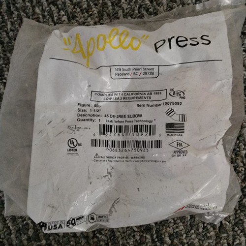 Apollo 10075092 Elbow 806 45 Degree Small Diameter 1-1/2 Inch Copper Press
