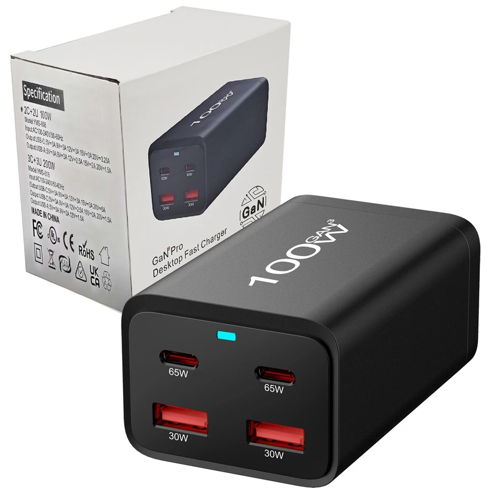 100W GaN Fast Charger 4-Port USB-C/A Adapter for iPhone MacBook Samsung iPad - image 3 of 4