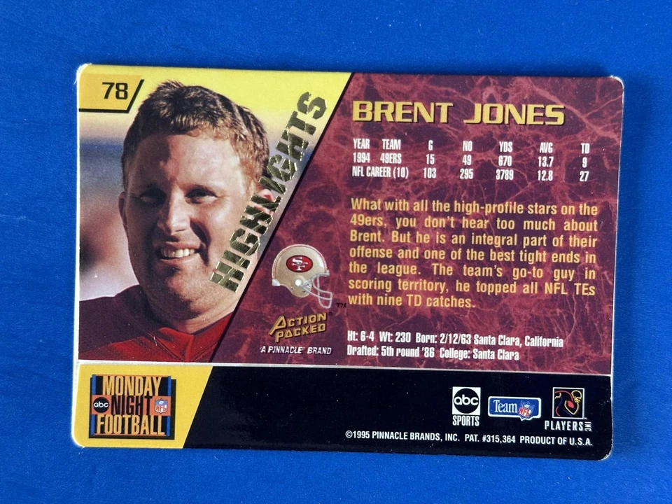 1995 Action Packed Monday Night Football Highlights #78 Brent Jones 49ers - Image 2 of 2
