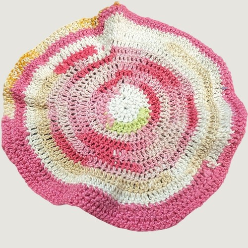 Handmade Vtg Doily Dollhouse Rug 5.5" Pink White Yellow Crocheted Round Craft