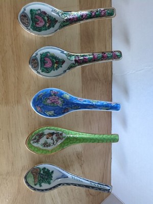 5- P.C.T. & TFF Japanese Porcelain Ware Spoons Famille Rose Hand Decorated 