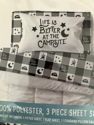 Camco Life is Better at the Campsite Sheet Set 3/pc Size Bunk Black & White New