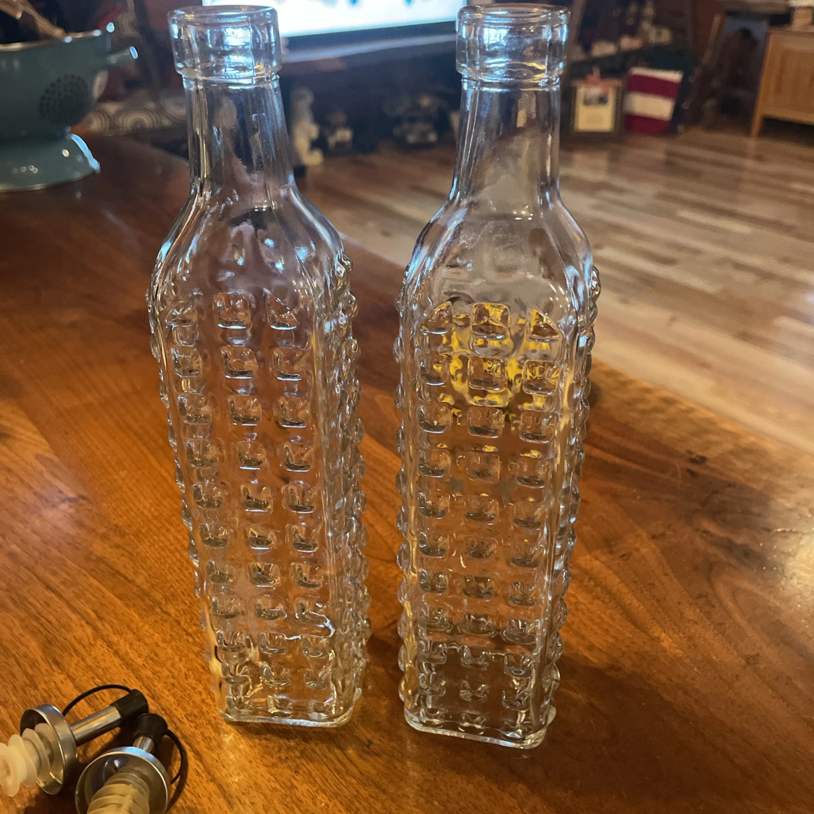 2 Vintage 12” Oil/Vinegar Hobnail Clear Dispensers