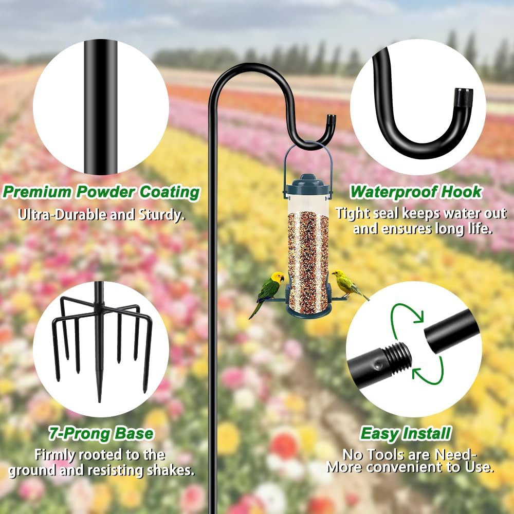 72" Shepherds Hooks for Outdoor, Heavy Duty Bird Feeder Pole with 7 Base Pron...