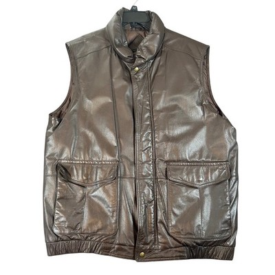Vintage Eddie Bauer Mens XL Tall Brown Leather Goose Down Puffer Vest Biker