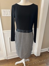 Lauren Ralph Lauren Black Houndstooth Sheath Dress Faux Leather Belt Sz 6