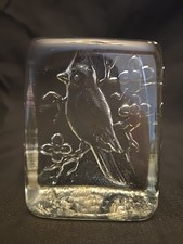 Glass block, reverse carved, cardinal on a flowering branch paperweight