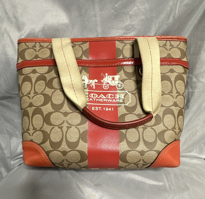 Coach Signature Logo Tote Bag Zip Closure Inner Pockets Gold Hardware Brown