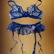 Agent Provocateur NEW Set Jayce Underwire Bra 34DD Suspenders Garter Cobalt Blue
