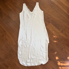Dentelle Vintage White Satin Bridal Nightgown Chemise Nightie Lace Pearl Trim L