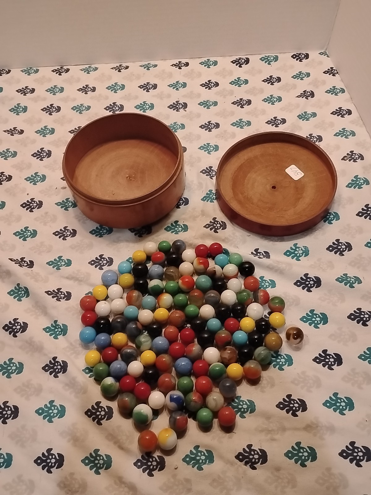 Lot of Approximately 100 Vintage Marbles In Wooden Box Various Sizes and Shapes
