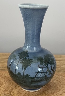 Vintage Siam Celadon vase decorated with Thatched Hut scene, Thailand.