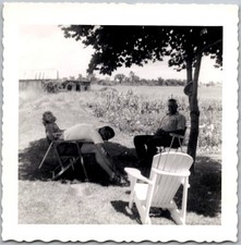 Vtg Snapshot Family Relaxing In Yard Adirondack Chair Barn Farmhouse 1955