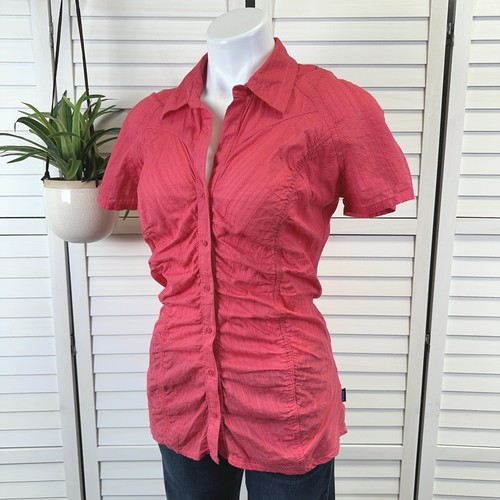 Kuhl Bright Pink Organic Cotton Button Up Shirt Ruched Short Sleeve Gauze Size S
