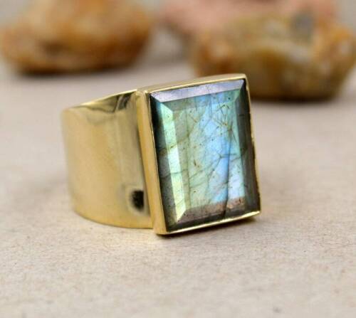 Solid 925 Sterling Silver Natural Blue Labradorite Gemstone Men's Unisex Ring - Picture 5 of 12