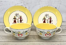 Set of 2 Homer Laughlin Farmer Rhythm Tea Cups & Saucers Dutch Farmer Yellow