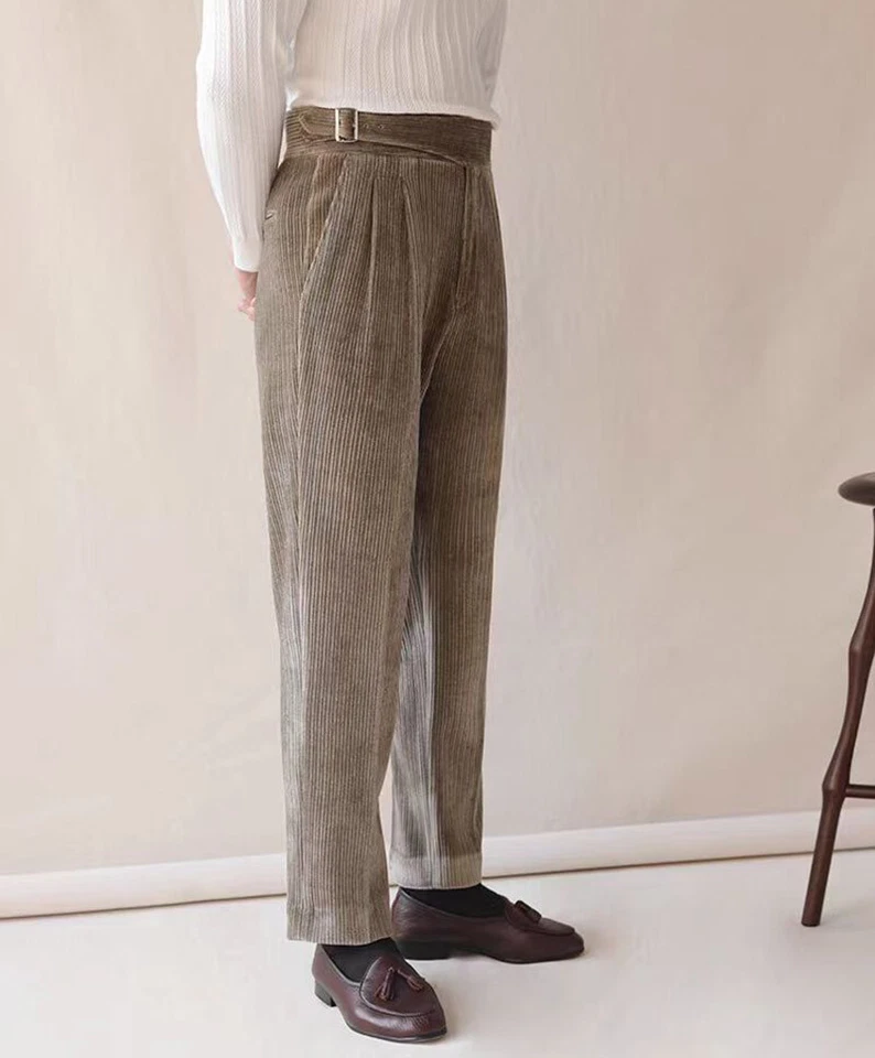 Pantalones de pana para hombre Nápoles Gurkha cintura alta pantalones rectos informales de negocios Foto 3 de 4