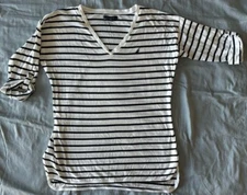 Nautica Womens Small Striped Shirt V-neck White Navy Blue Roll Tab T-shirt S