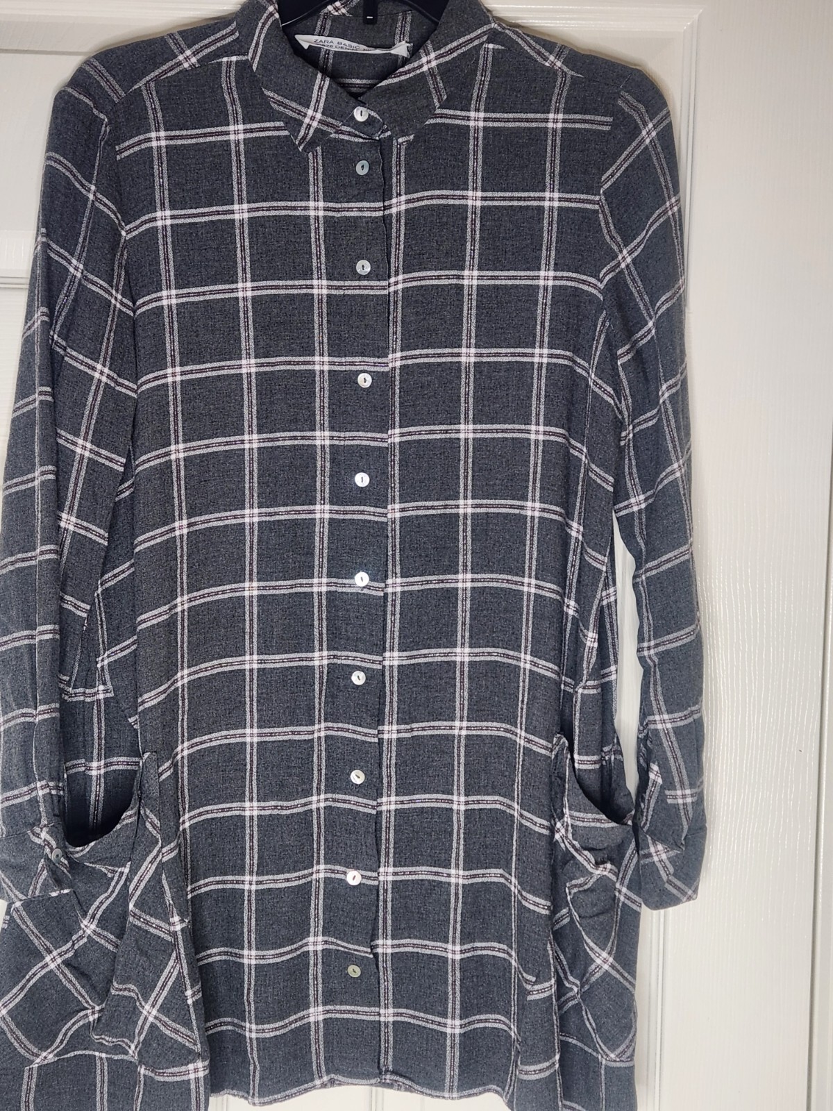 Zara Basic M Gray White Plaid Pockets Lngslv Butt… - image 1