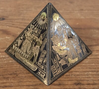 Vintage Antique Solid Bronze Brass Metal Egyptian Hieroglyphs Small Pyramid 2''