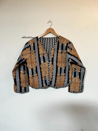 Indian Black Tiger Printed Cotton Quilted Jacket Vintage Reversible Jacket