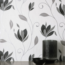 CROWN SYNERGY WALLPAPER BLACK WHITE SILVER GLITTER FLORAL TEXTURED VINYL M1719