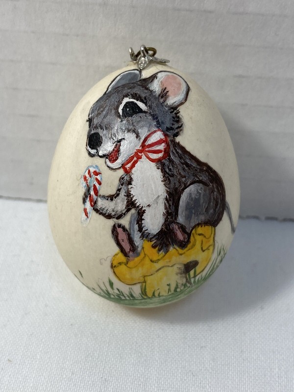 Vintage Hand Painted Egg Ornament 1982 Real Egg Christmas Mouse On Mushroom