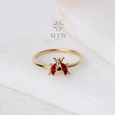 14K Gold Marienkäfer Ring, Marienkäfer Ring, süß, Glücksring, Gold zierliche Stapelung