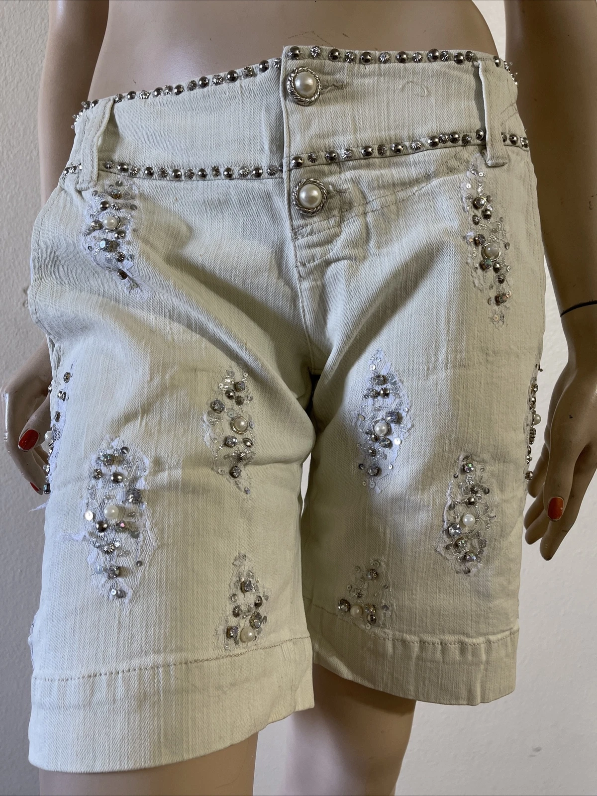 Women’s White Denim Cotton Casual Summer Stretch Slim Beaded Lace Size L Shorts