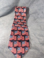 American Traditions Men's Neck Tie USA FLAGS Silk EUC Red White Blue 57" x 3.75"