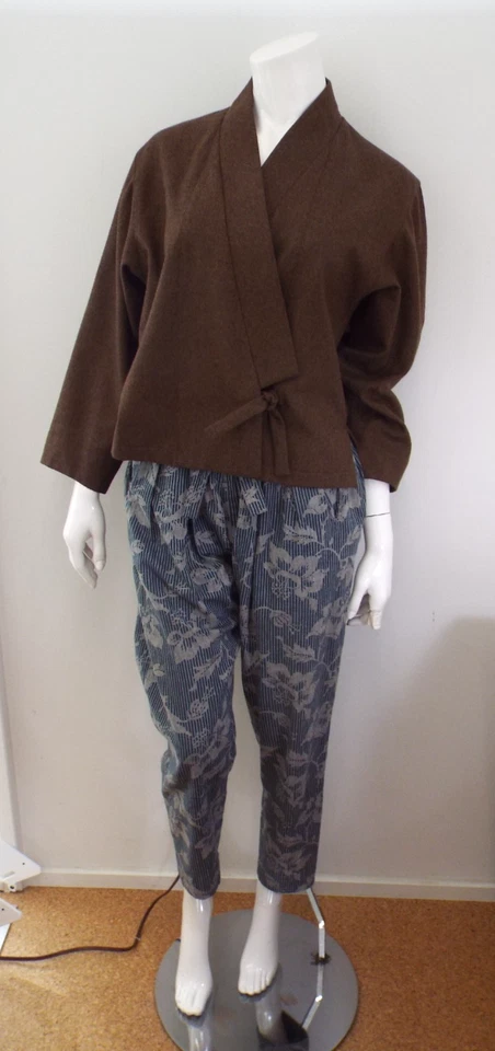Vintage 1980s KENZO Cotton Harem Pants Set 38 Wrap Front Striped Floral Blue - Image 4 of 4