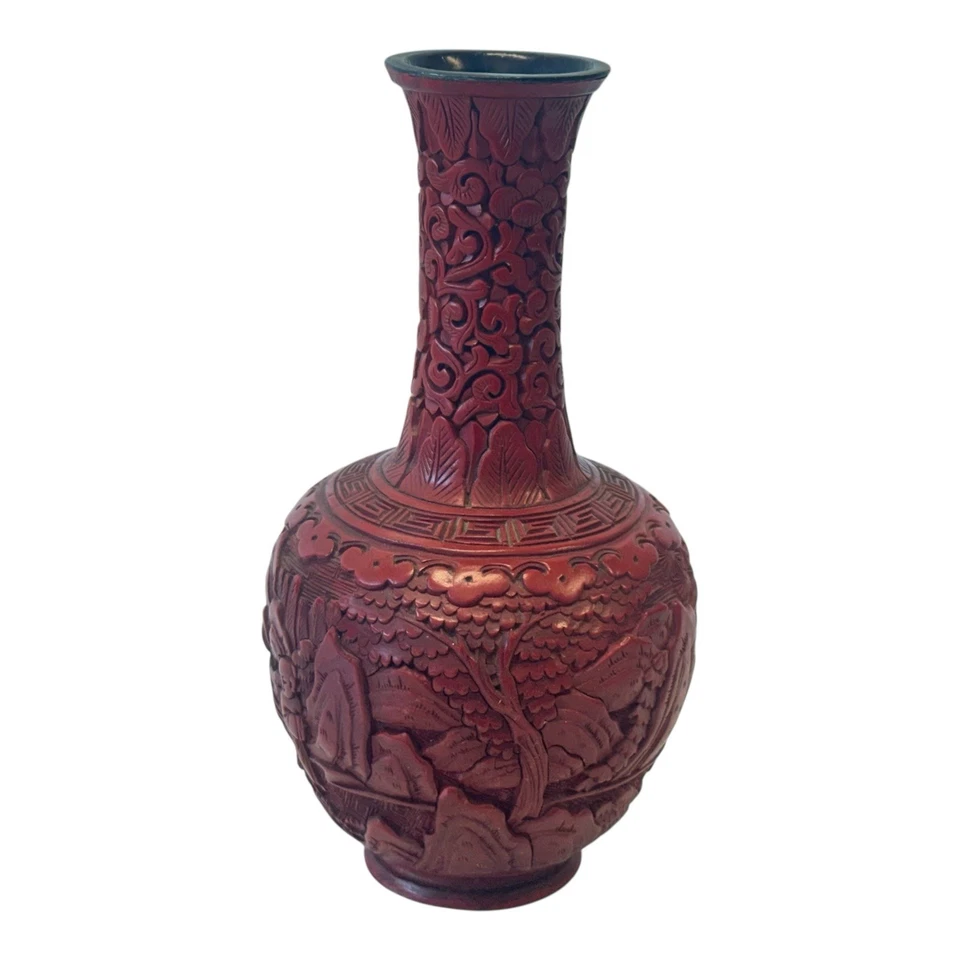 Par de jarrones antiguos de laca de cinabrio chino de la dinastía Qing Foto 3 de 4