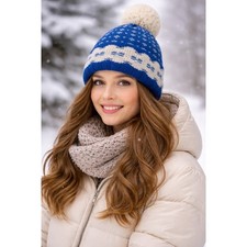 Vintage Skelbreds Hand Knit Wool Blue Cream Fair Isle Pom Pom Beanie Hat