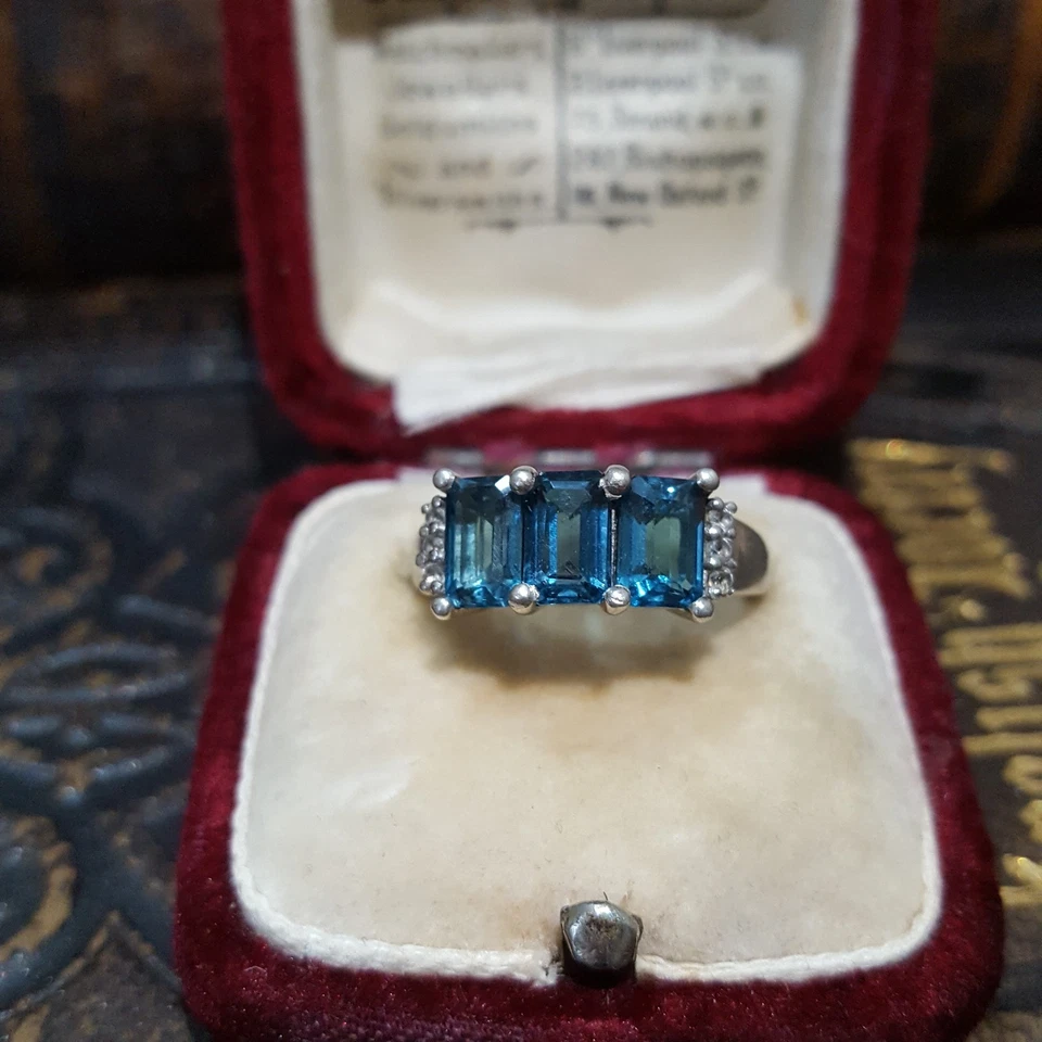 Anillo de Plata de Ley 925, Anillo de Topacio Azul Londres, Talla J.5 EE. UU. 5, Anillo Trilogía  Foto 4 de 4