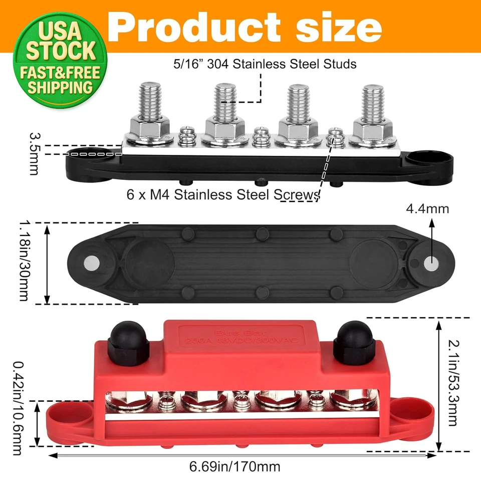 12V 250A Power Distribution Block 4x5/16 Stud 6x#8 Terminal Red Black Pair - Image 2 of 4