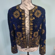 Vintage Adrianna Papell silk Heavily Beaded Sequin Jacket Blue Hook Front small