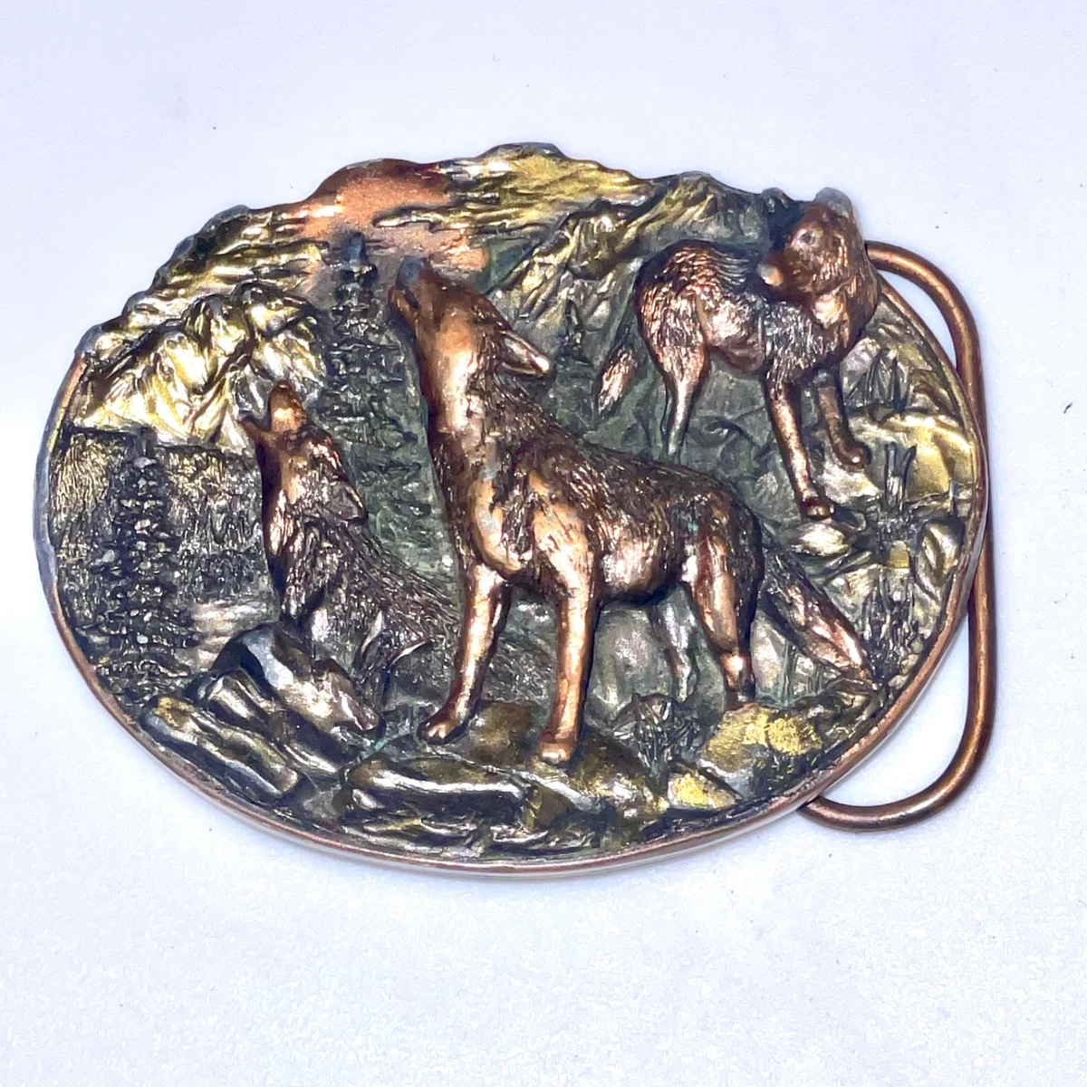 RARE VTG Anacortes Solid Brass Works Belt Buckle Howling Wolf Forest Made In USA Steampunk Belt Buckle Wolf, Solid Brass Sculptural Victorian  main image 4