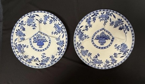 Pair Vintage Delft Blue Transferware Basket Pattern Divided Grill Plates 10" - Picture 2 of 10