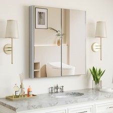 Medicine Cabinet Bathroom Wall Cabinet w/ Double Mirrored Doors-Grey