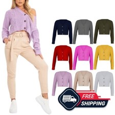 Womens 3 Button Cardigan Ladies Crop Cable Knitted Short Chunky Long Sleeve Top