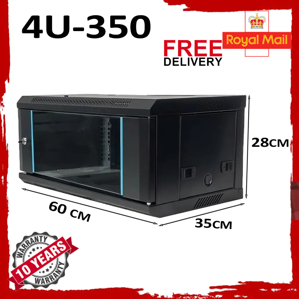4U Black Network Cabinet Data Comms Wall Rack, Patch Panel, Switch, PDU LAN UK