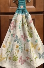 Double Hanging kitchen towel Butterflies Flowers crocheted Teal top