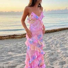 Sexy V Neck Colorful Ruffle Sling Dress Women Spring Backless Boho Long Dresses