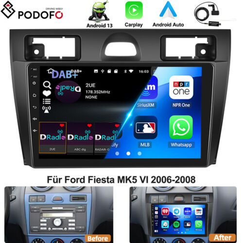 DAB+ Android 13 Autoradio GPS Navi WIFI Carplay Per 2002-2008 Ford Fiesta MK5 VI - Foto 1 di 21
