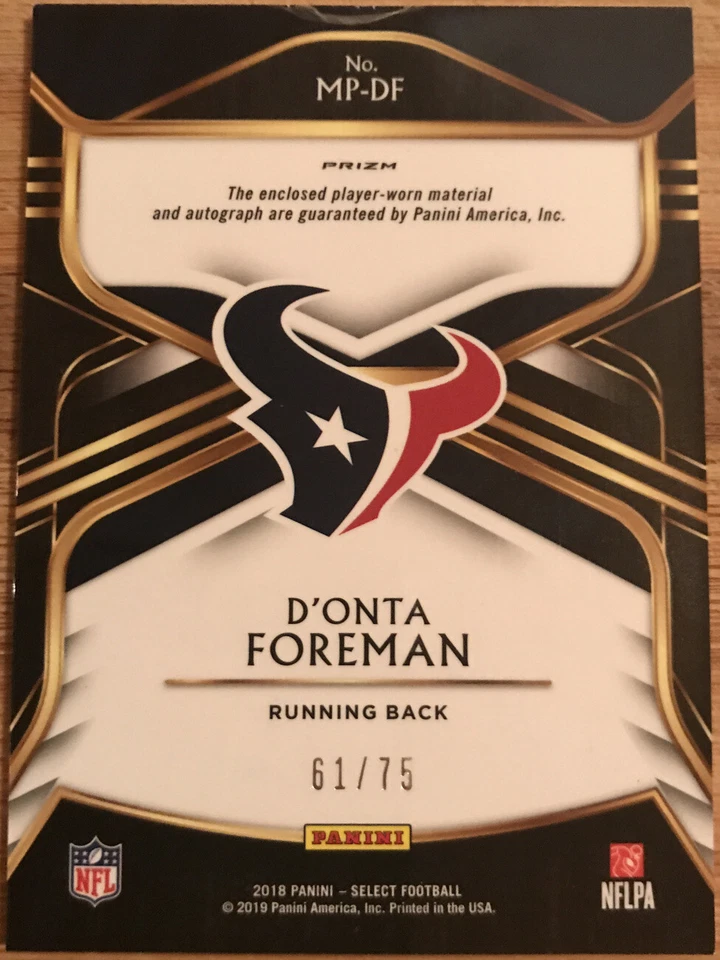 2018 Select Autograph Jersey Prizm D’Onta Foreman MP-DF Houston Texans #’d /75 - Image 2 of 2