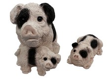 Stone Critters Pig Momma Babies 2 Figurine Set Made In USA Vintage Handmade Cute