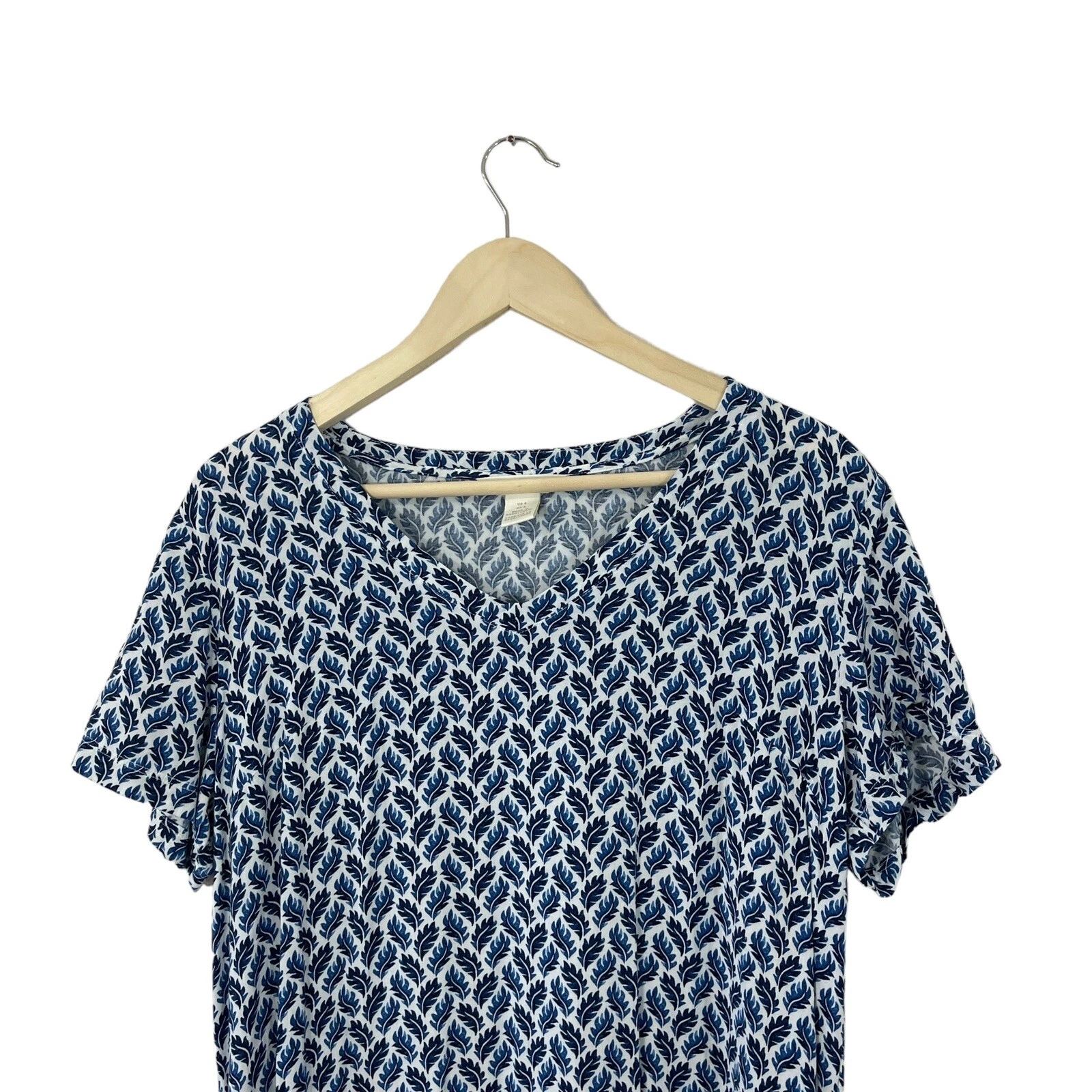 VETEMENTS H&M 8 Vestito Pullover Manica Corta Blu Bianco Foglia Scollo a V Lunghezza Ginocchio Donna