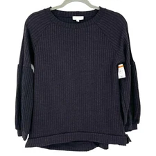 Status By Chenault Black Rib Knit Crewneck Lantern Sleeve Soft Top NWT Women XS