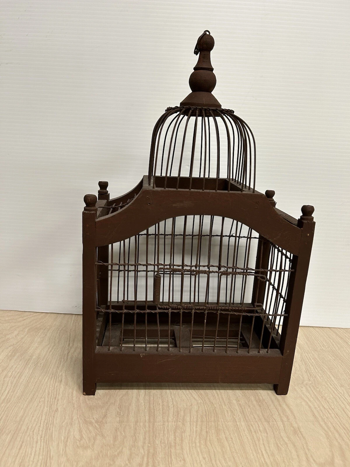 Vintage Victorian Style Wood and Wire Birdcage Brown Spring Door 16 inches